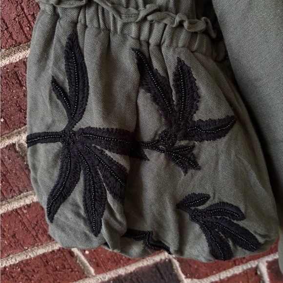 Chico’s size 2  Linen Blouse Boho puffy sleeves L 12 Women’s beaded Green boho - Picture 6 of 11